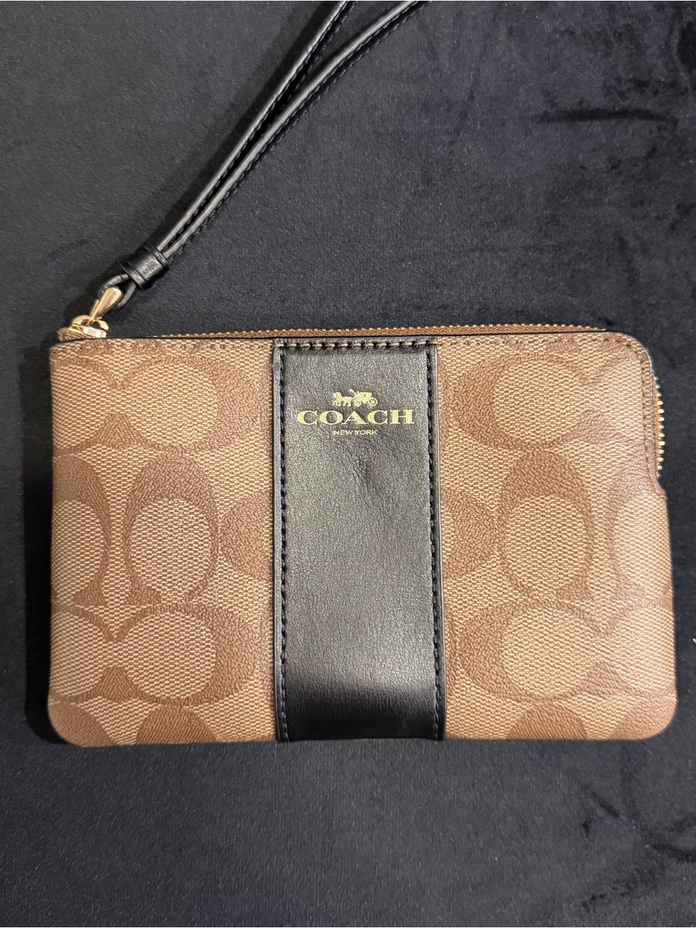Coach Brown Canvas Wristlet with Black Leather Stripe
